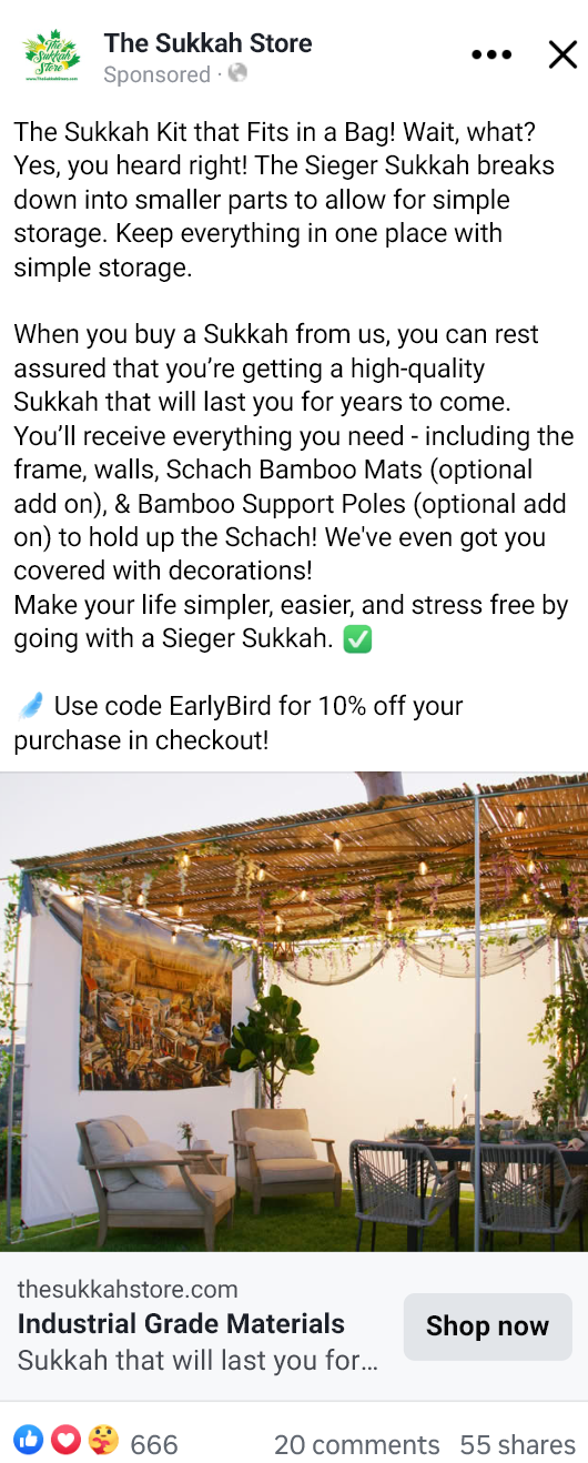 Live Meta ad preview · Sieger Sukkah, "fits in a bag" copy with visible engagement