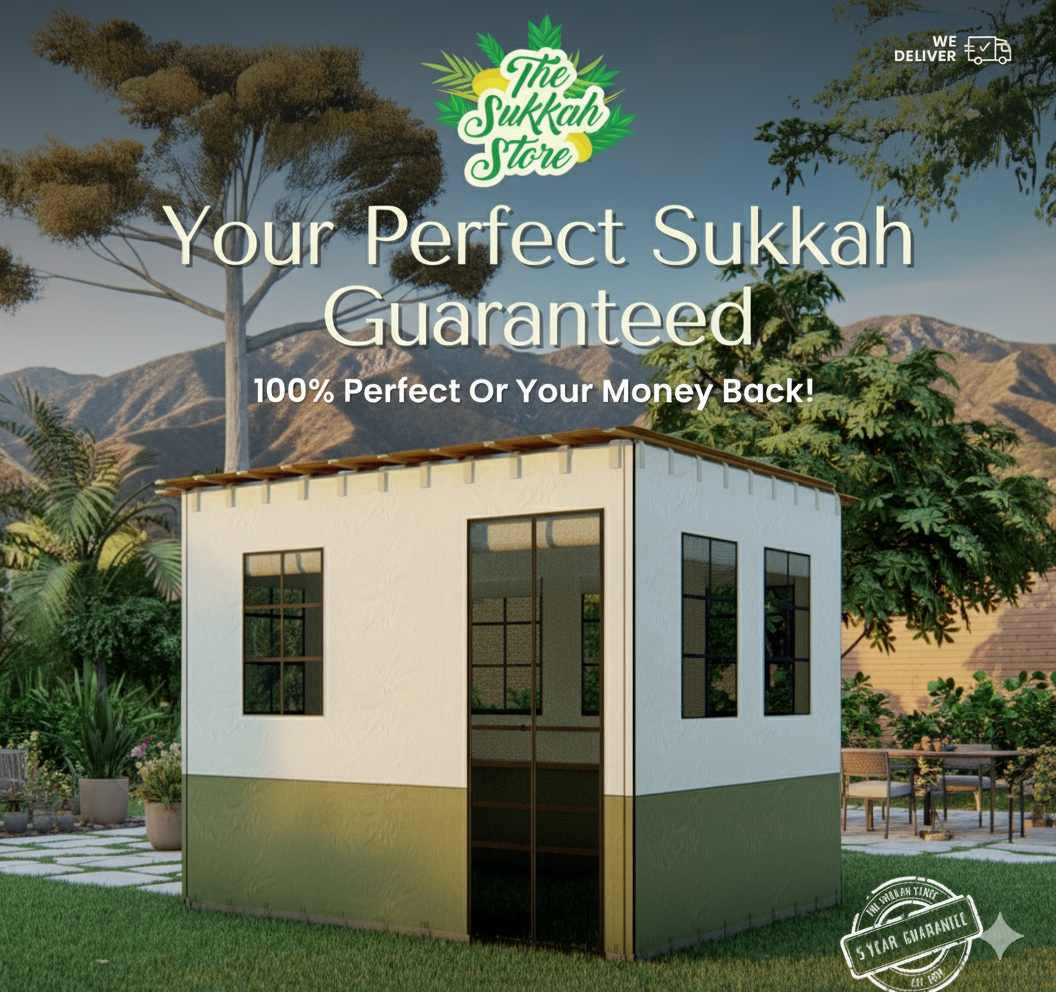 AI-generated concept 01 · "Your Perfect Sukkah Guaranteed" (garden setting)