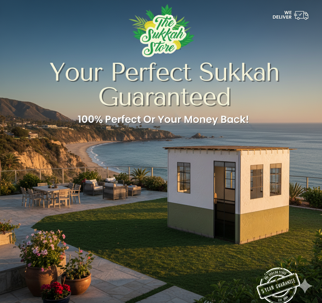 AI-generated concept 02 · "Your Perfect Sukkah Guaranteed" (coastal setting)