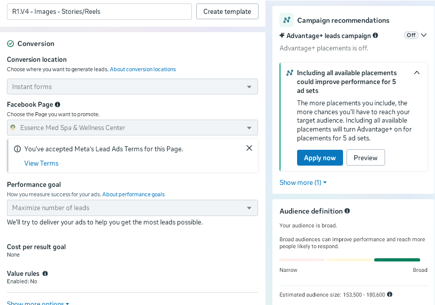 Ads Manager · Conversion location & performance goal